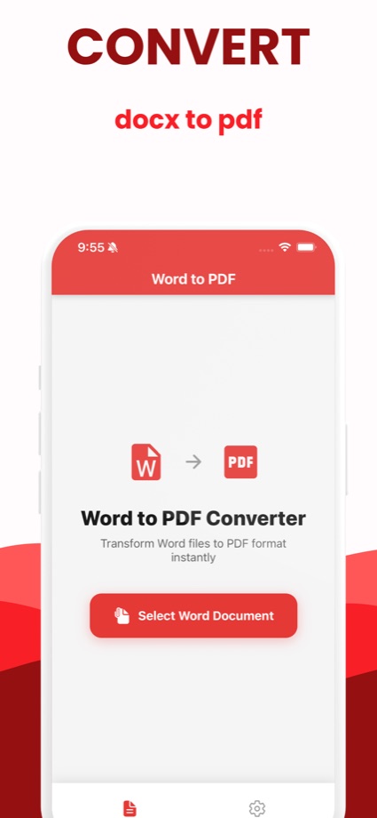 Word to PDF iOS app home screen with the Select Word Document button