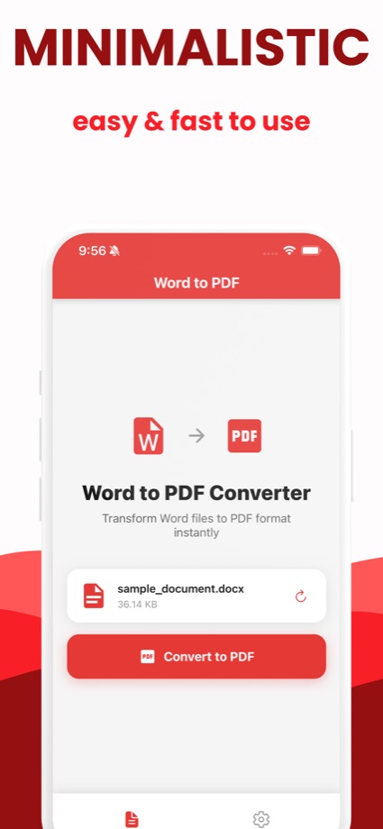 Word to PDF iOS app with a .docx file chosen, ready to convert to PDF