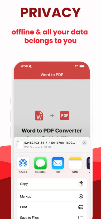 Finished PDF being shared from the Word to PDF app via the iOS share sheet